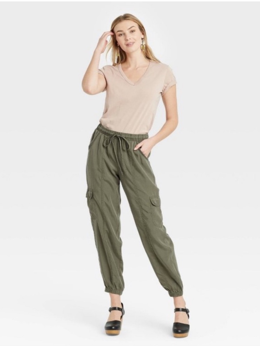 Knox Rose Women’s Olive Green Cargo Jogger Baggy Pants Pull-On Comfort size M‎